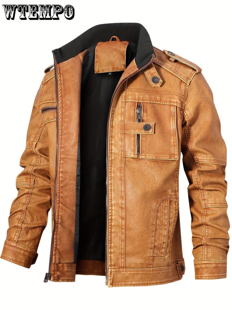 Men's Casual Vintage Style PU Leather Jacket With Pockets -  Stylish & Durable - For Everyday Wear - Perfect Gift for Fashionable Men