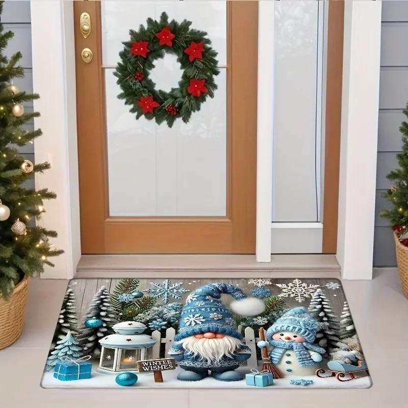 Christmas Gnome Blue Decorative Rug Living Room, Bedroom & Entrance Door Mat Non-Slip, Stain-Resistant Home Decor Rug