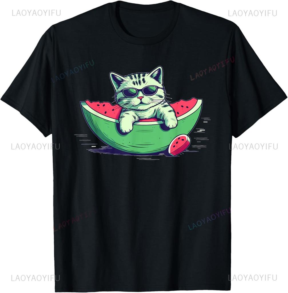 Cute Funny Cat On Watermelon Meme T Shirt Men Women ONeck Fashion Short Sleeve Tshirts Retro Harajuku Oversized Tshirt