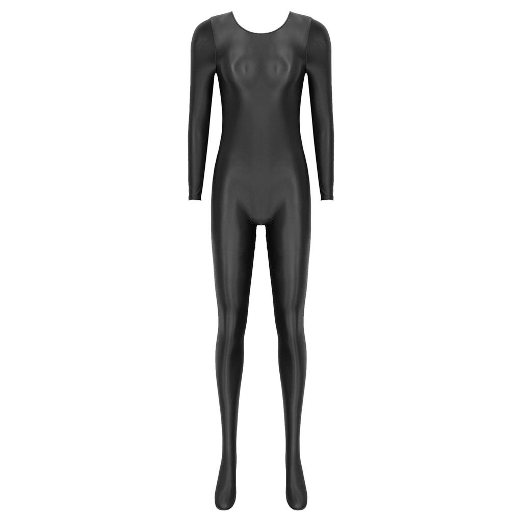 Womens Smooth Long Sleeve Bodystocking Nightwear Solid Color Round Neck Bodysuit Sleepwear