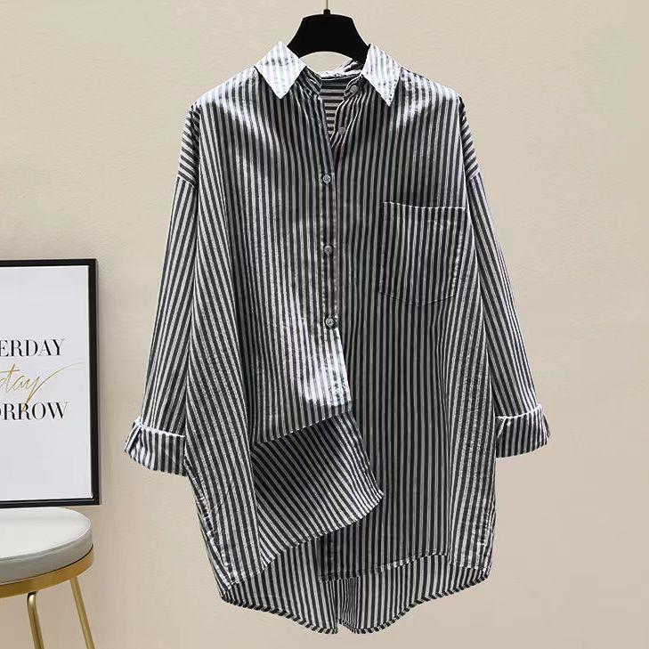 Women's Spring and Autumn Korean Style Front Short Rear Long Shirt Medium Long Vertical Stripe Shirt Casual Coat