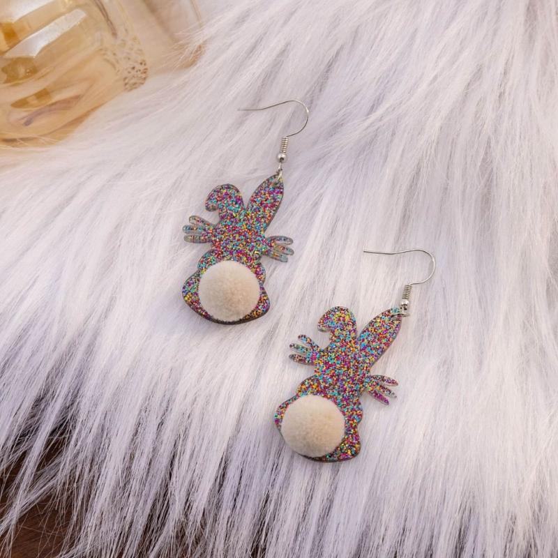 Acrylic Rabbit Plush Ball Drop Earrings Colorful Sequins Charm Earrings Jewelry
