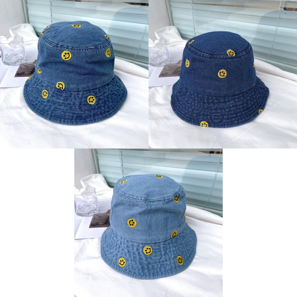 Simple Smiley Face Casual Denim Fisherman Hat Women Harajuku Vintage Bucket Hat Korean Style Spring Summer Sun Hat Men 2021