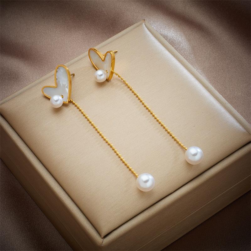 Gold Plated Stainless Steel Mother of Pearl Heart Drop Earrings with Pearl Chain Tassel for Women золотой