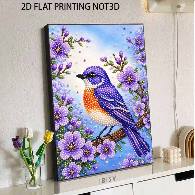 Sparkling Pearl Painting Kit with Frame Blue Bird and Purple Flowers Bead Art Canvas Relaxing Craft Home Wall Decor Gift Idea for Adults