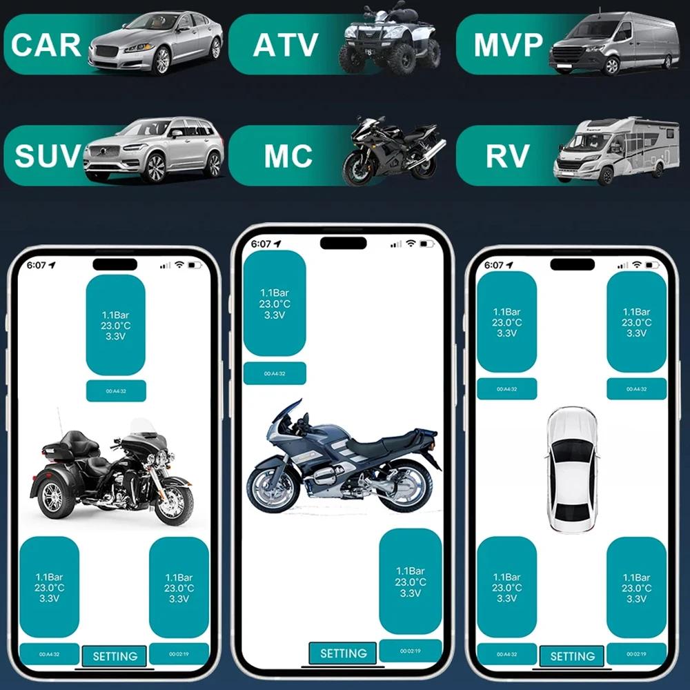Motorsykkel Bluetooth-kompatibel dekktrykkovervåkingssystem TPMS Dekktrykksensorer Ekstern sensor Android/IOS Bil TMPS