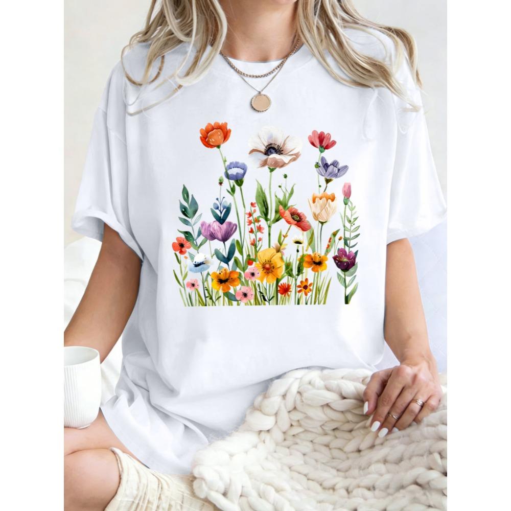 Retro Beautiful Wildflowers Flower Clusters Print Womens T Shirts Cotton T-Shirt Summer O-Neck Clothes Loose Sportswear