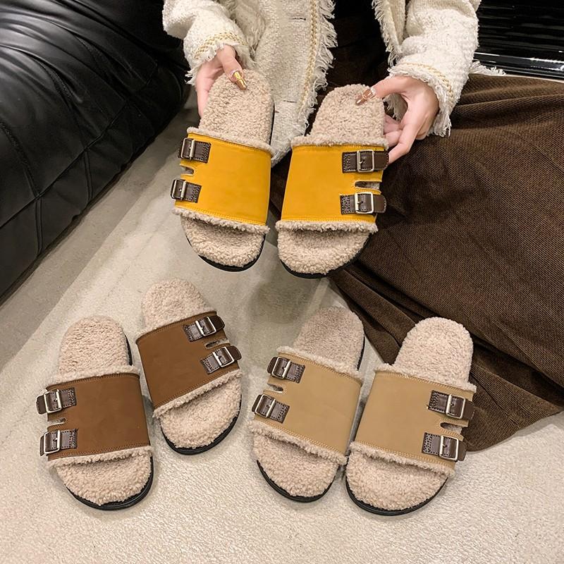 Fashion House Slippers Platform Flat Shoes Female Luxury Slides Flock Low Fur Flip Flops Designer Plush Rome with Fur Rubber Fashion Bas
