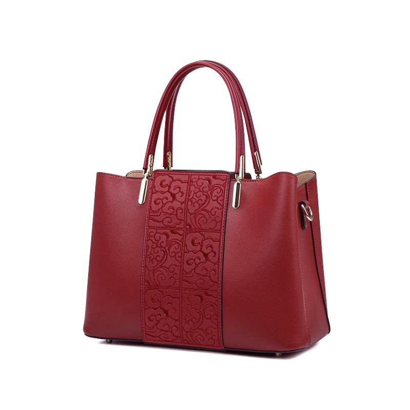 Mom's Wedding Bag, A Red Bride's Bag, Exudes A Sense of Luxury. Middle-aged Happy Grandma's Wedding Handbag