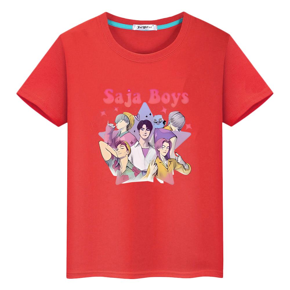 

Saja Boys kpop demon hunters Print 100%Cotton t shirt for kids boy 10year Kawaii Tees anime Short Cute Tops girls clothes y2k 100
