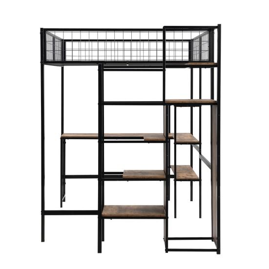Iron Bed Several Shelves Bunk Built-in Wardrobe Desk Strong Load Adult Bearing Rustic Look Metal Frame Loft Home Furniture