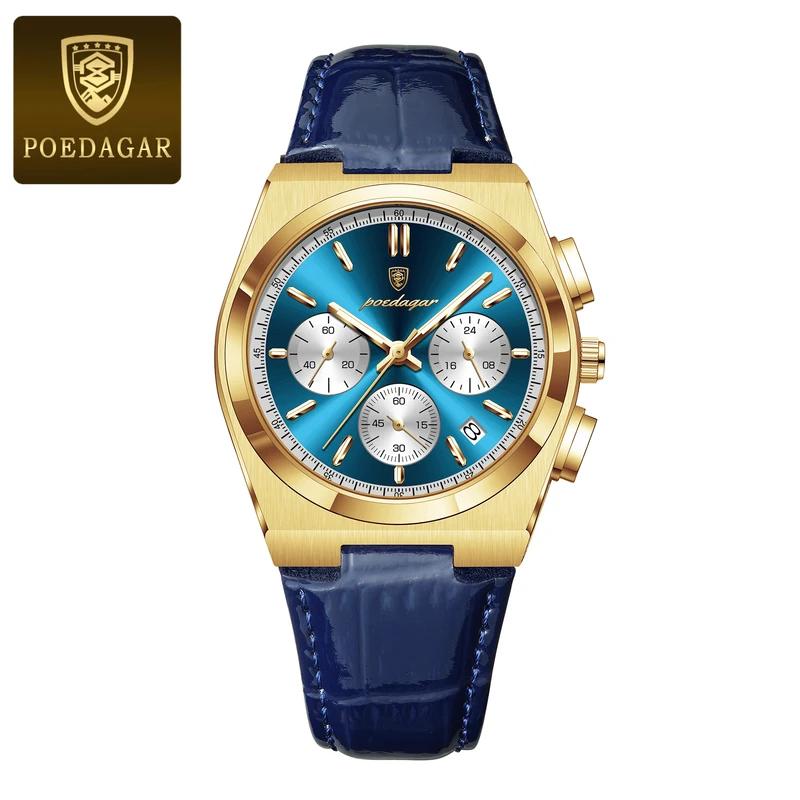 POEDAGAR Luxury Watch For Men Leather Sports Military Man Watch Waterproof Luminous Chronograph Date Quartz Men's Watches