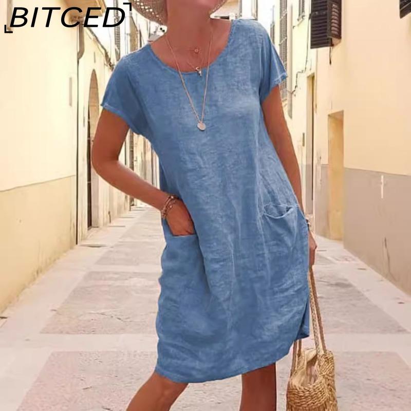 

BITCED Женское летнее миди-платье однотонной расцветки, повседневное свободное платье с карманами, больших размеров XXXXXL синий
