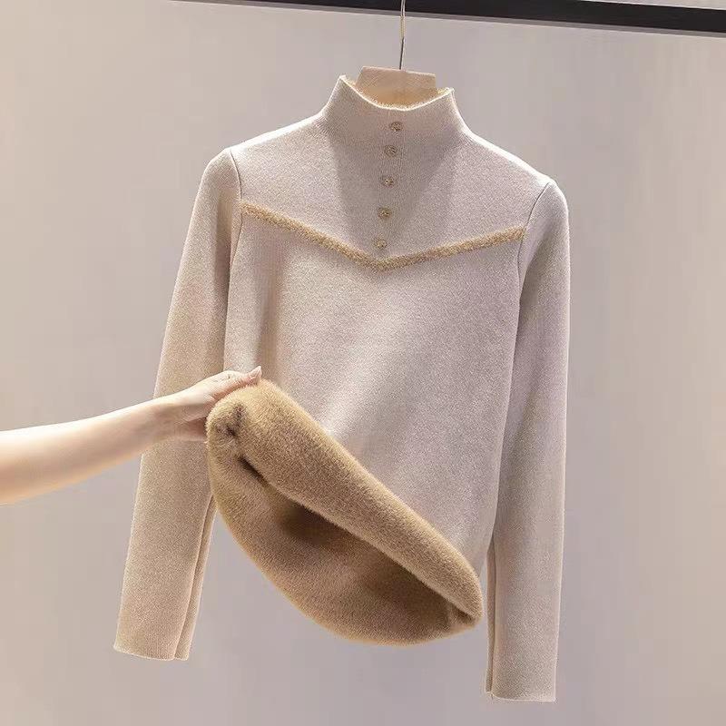 

Новый полуводолазка-внутренник с утолщенным теплым свитером-топом женский осенне-зимний интегрированный флисовый базовый вязаный свитер One size fits all [recommended 80-60kg] абрикосовый