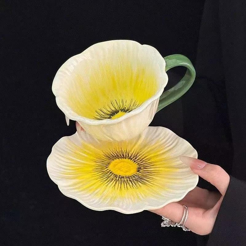European style ceramic coffee cup set, niche women's high-value latte cup exquisite colorful flowers coffee cup