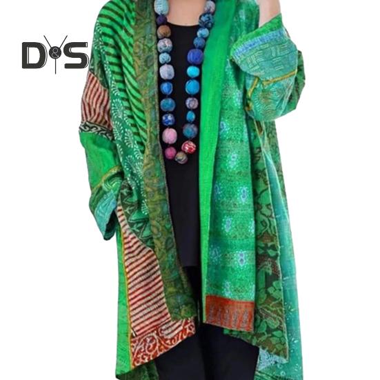 Women Coat with Pockets Colorful Printing Cardigan Long Sleeves Retro Ethnic Style Mid Length Loose Spring Autumn Jacket