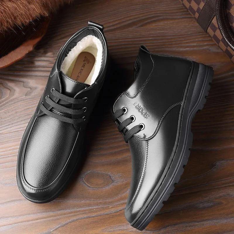 Genuine leather cowhide cotton shoes men's winter warm velvet thickened high-top men's casual cotton leather shoes