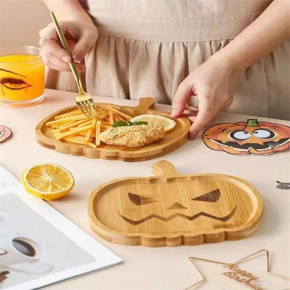 Handmade Halloween Pumpkin Plate Wood Craft Cartoon Dessert Board Wooden Plate Tray Pumpkin Theme