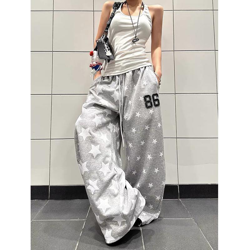 Retro Y2k Star Printed Sports Pants Women Autumn Winter High Street Hip-hop Loose Casual Gray Wide Leg Pants