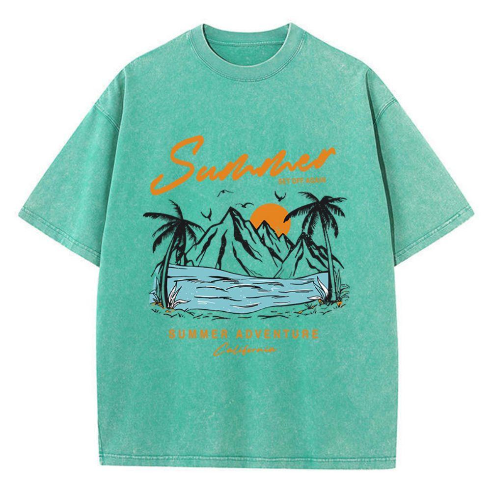 Fashion Women'S Cotton Washed T-Shirts Summer Adventure Sunset Printing Tops Oversize O-Neck Soft Short Sleeve Female Clothes