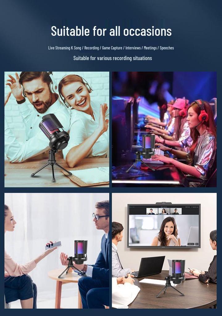 RGB USB Condenser Microphone Set for Gaming, Streaming, Singing & Recording with Noise Reduction.