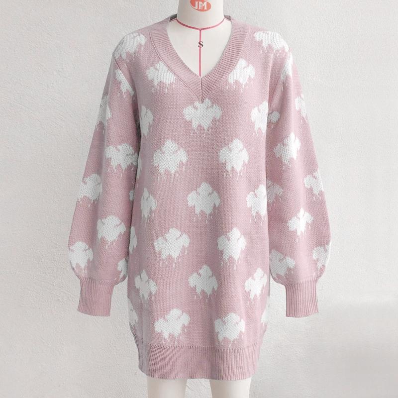 Wiosna jesień chmury wzór powyżej kolana Mini sweter z dzianiny sukienka kobiety dorywczo proste O-Neck pełna rękaw luźna talia S-L