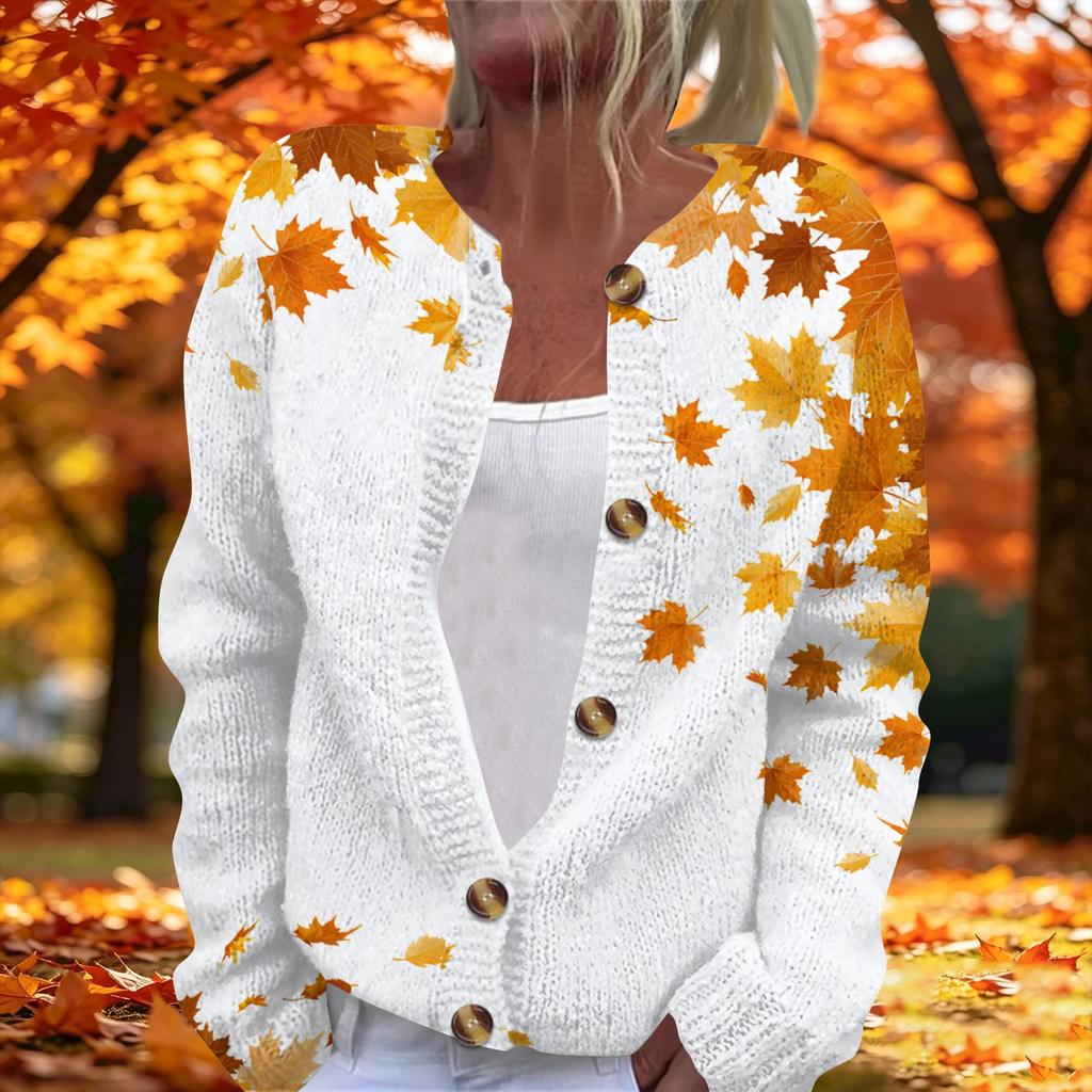 Women's fashionable maple leaf printed long-sleeved knitted cardigan with buttons