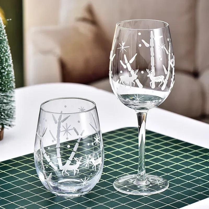 1pcs/2pcs Christmas Series Crystal Red Wine Glasses Colored Pattern High Legged Cup Christmas Party Wine Glass Decorations