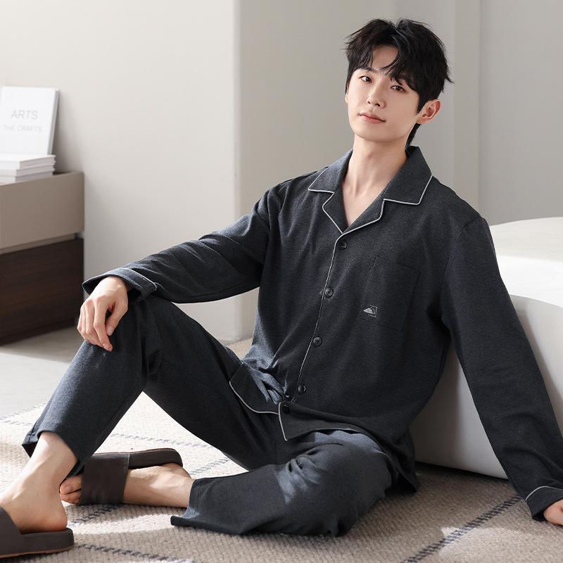 Men'S Pajamas Men'S Spring And Autumn Cotton Long-Sleeved Autumn And Winter Autumn Cotton Loungewear Set