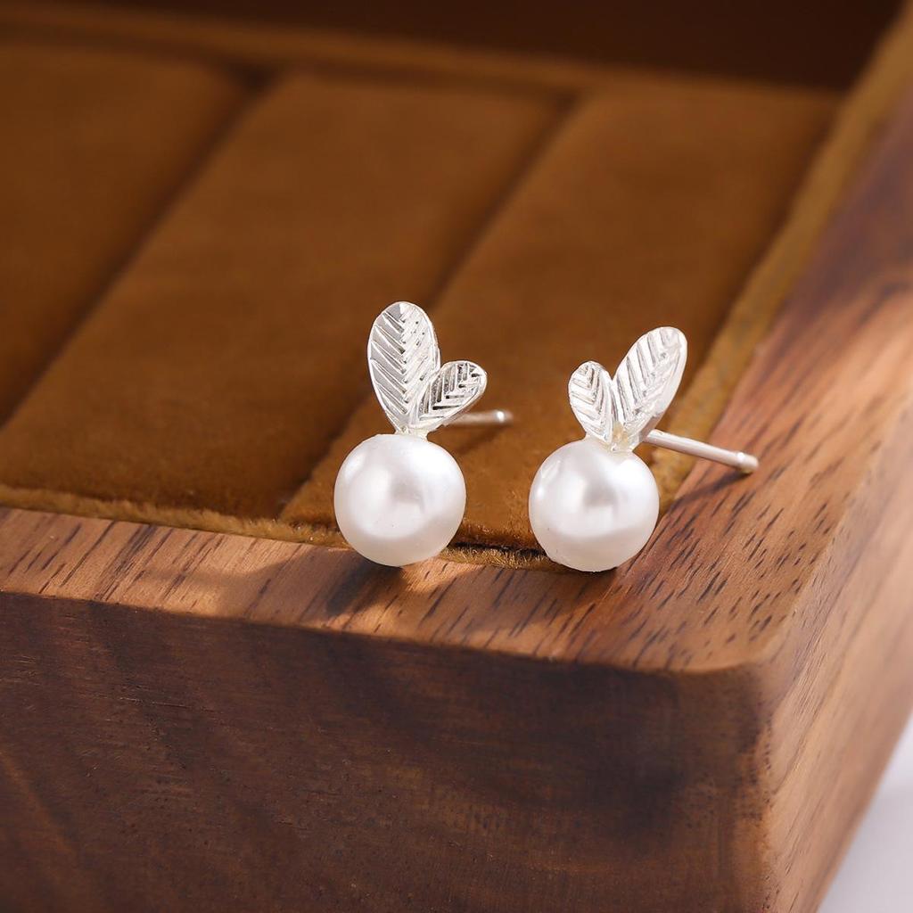 Sterling Silver Pearl Leaf Stud Earrings for Women
