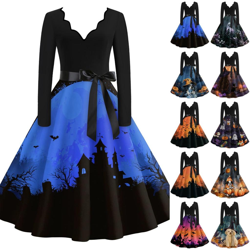 Women's Casual V-Neck Long Sleeve Halloween Print Retro Dress