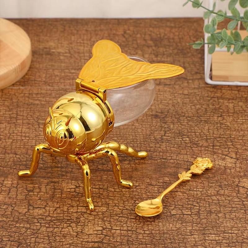 Bee Shape Honey Storage Dispense Container With Spoon Ornament Spice Seasoning Jar Home Kitchen Tool