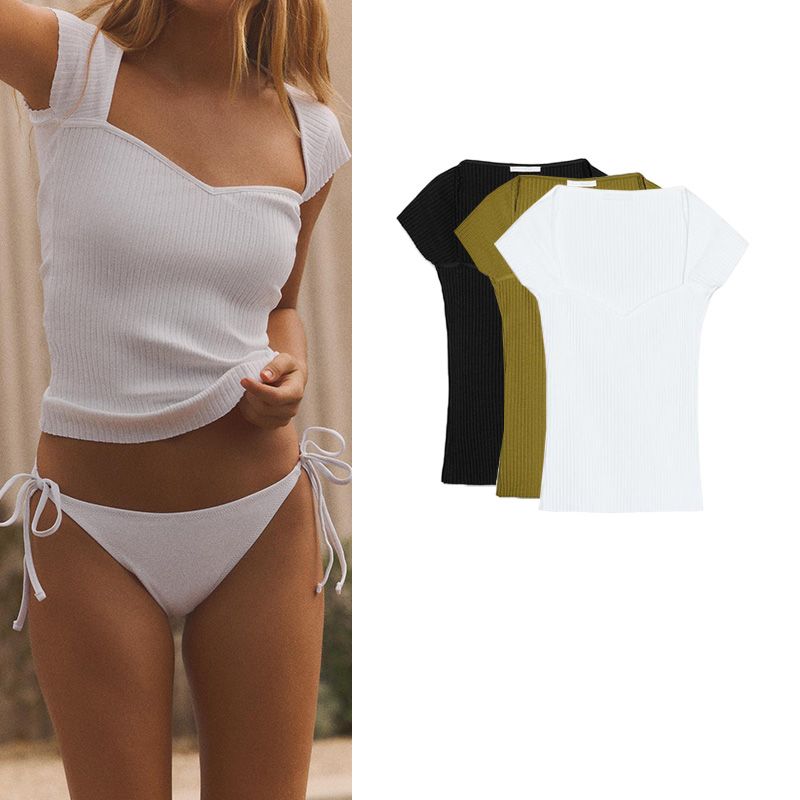 Summer New Product Women's Clothes Slim Fit Fashion All-Match Heart-Shaped Collar Sleeveless Rib Simple T-shirt 0858308