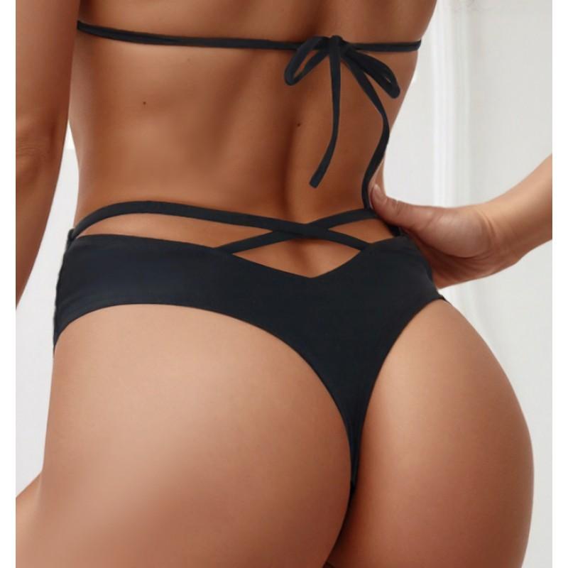 Damen einfarbiger Tanga-Bikinihose mit Kreuzrücken-Trägern Schwimmen Wassersport