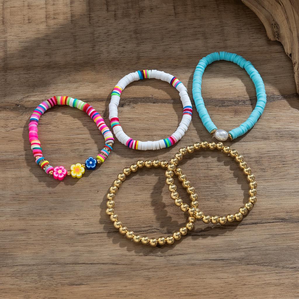 Holiday Soft Pottery Beaded Color Bracelet Set, Bohemian Flower Simple Bracelet
