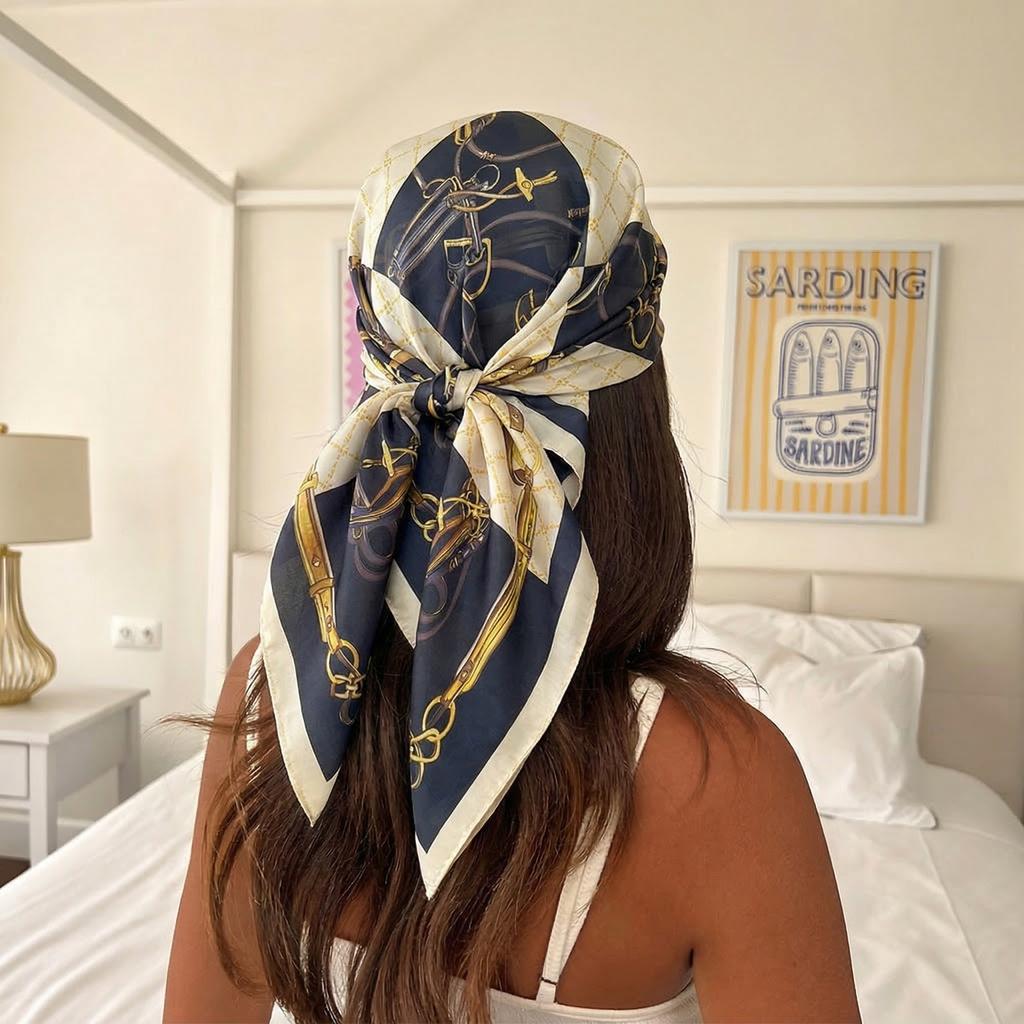 Luxury Brand 2026 Chain Print Square Silk Scarf for Women Hijab Hair Bands 70cm Neckerchief Female Satin Shawl Ribbon Headband