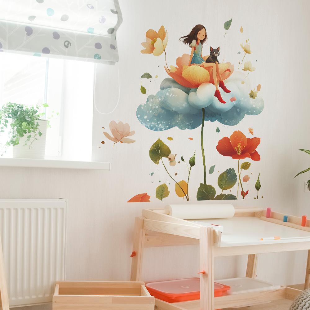 Whimsical Flower Cat Girl Wall Sticker Dreamy Elegant Self-Adhesive Removable Decor for Bedroom Living Room Kids Room
