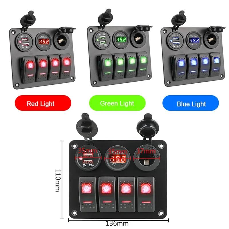 For Car RV Camper Caravans 4 Gang Switch Panel MotorHome Dual USB Port Digital Voltmeter Circuit Breaker LED Rocker Socket Panel