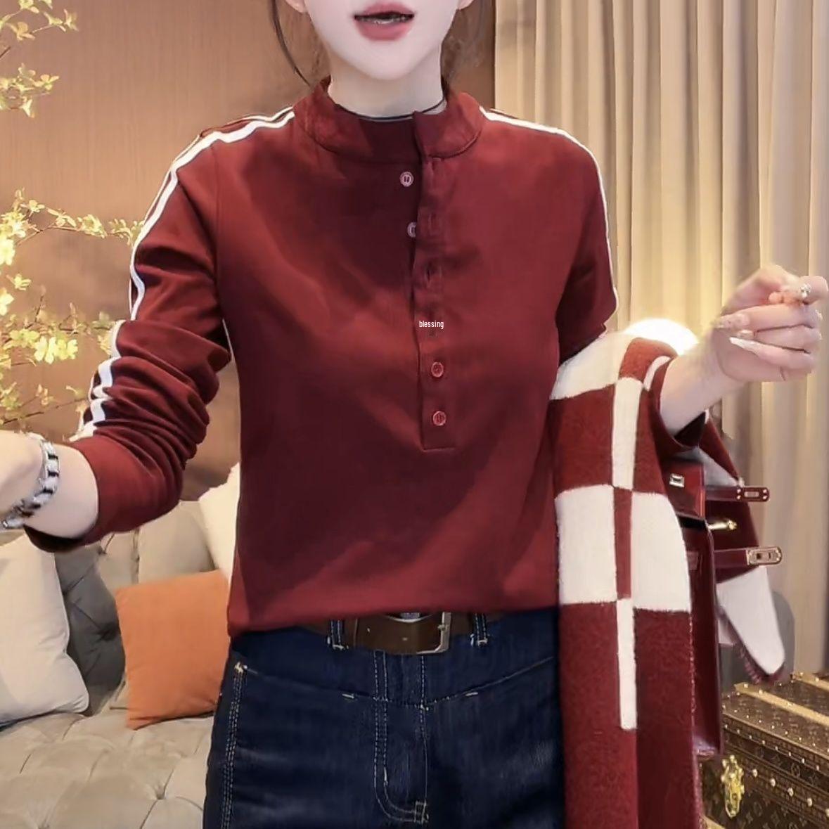 Stylish Stand-Collar Stripe Contrast Thermal Fleece Slim-Fit Long-Sleeve Women s Top XXXX-Large красный