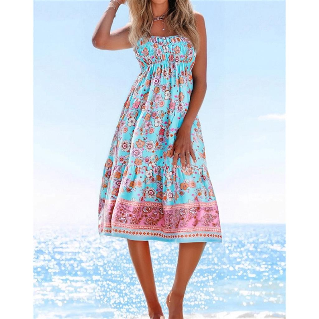 Sommer Neu Böhmischer Urlaubsstil Mehrfarbiger Druck Süßes Bustierkleid Große Schwingkleider für Frauen