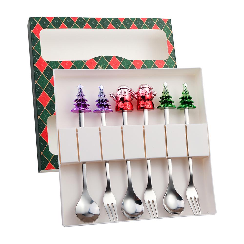 Cartoon Santa Claus Christmas Tree Coffee Dessert Spoon & Fork Gift Set