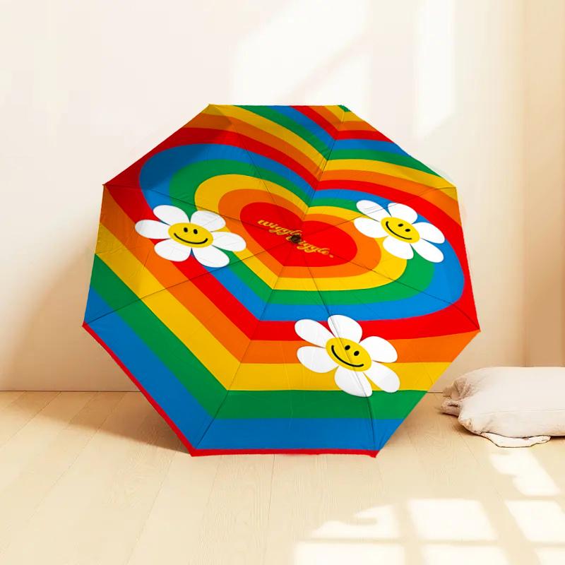 Rainbow Heart Smiley Face Daisy Flower Automatic Opening Folding Umbrella - Portable 3-Fold Design with Iron Frame for Outdoor Use, Festive