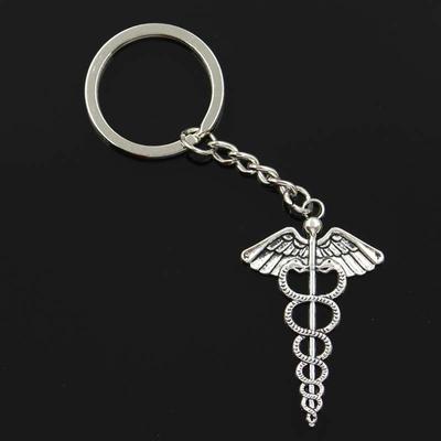 Neue Mode Männer 30mm Schlüsselbund DIY Metall Halter Kette Vintage Caduceus Medizin Symbol 49x30mm Silber Farbe anhänger Geschenk
