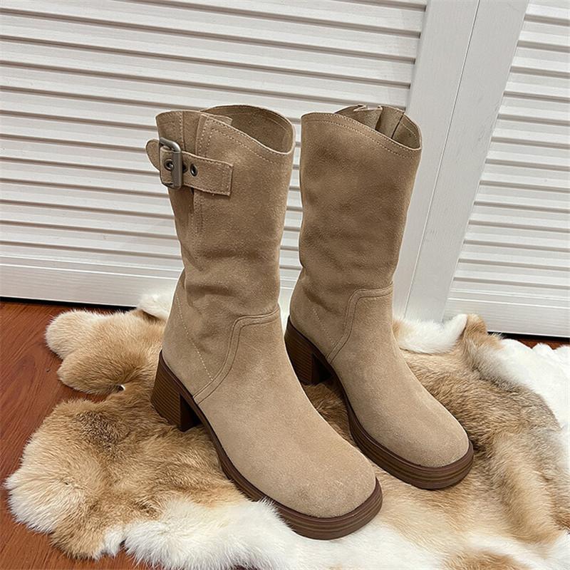 Fashion New Autumn Winter Cow Suede Women Boot Fashion Platform Boots for Women Chunky Heel Mid-calf Boots Ladies Shoes Western Boots