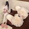 Design sense pearl one-word slippers women's autumn 2025 high-value flower drag with skirt thick-soled women's slippers