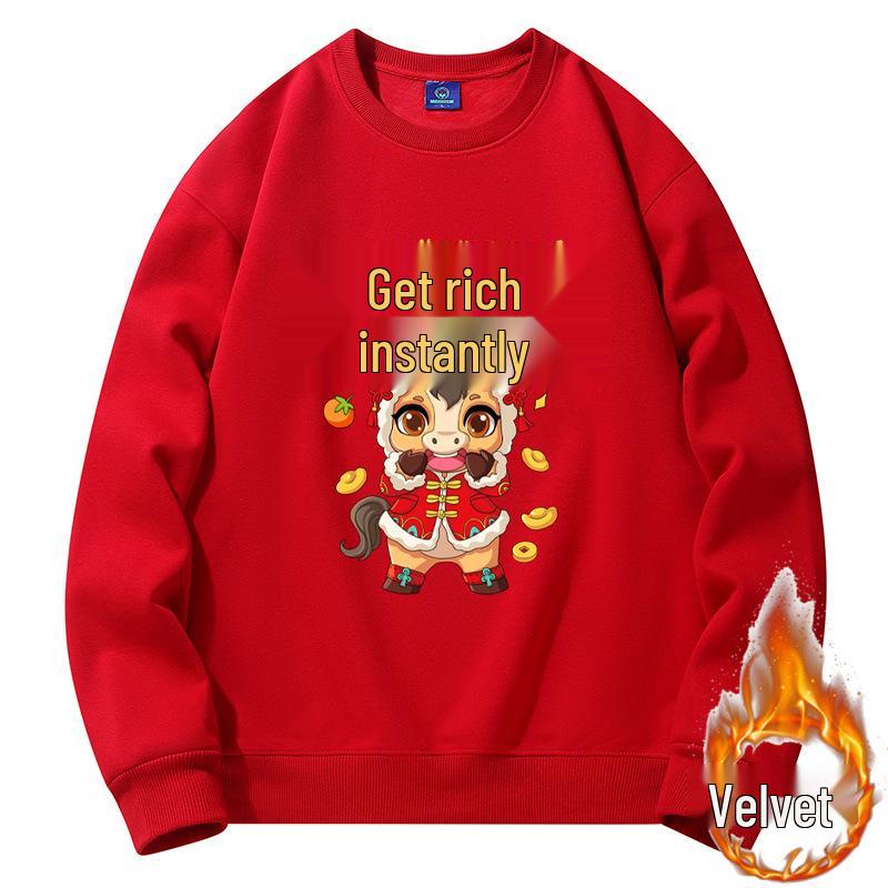 2026 Year of the Horse Red Zodiac Hoodie Fleece-Lined Loose Fit Long Sleeve Men's Clothing