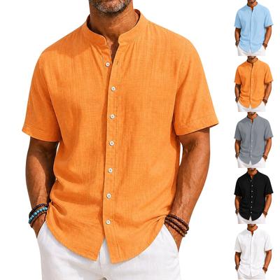 Men's Short Sleeve Stand Collar Shirt Button Front Lightweight Casual Summer Shirt Linen Blend Fabric Breathable Design