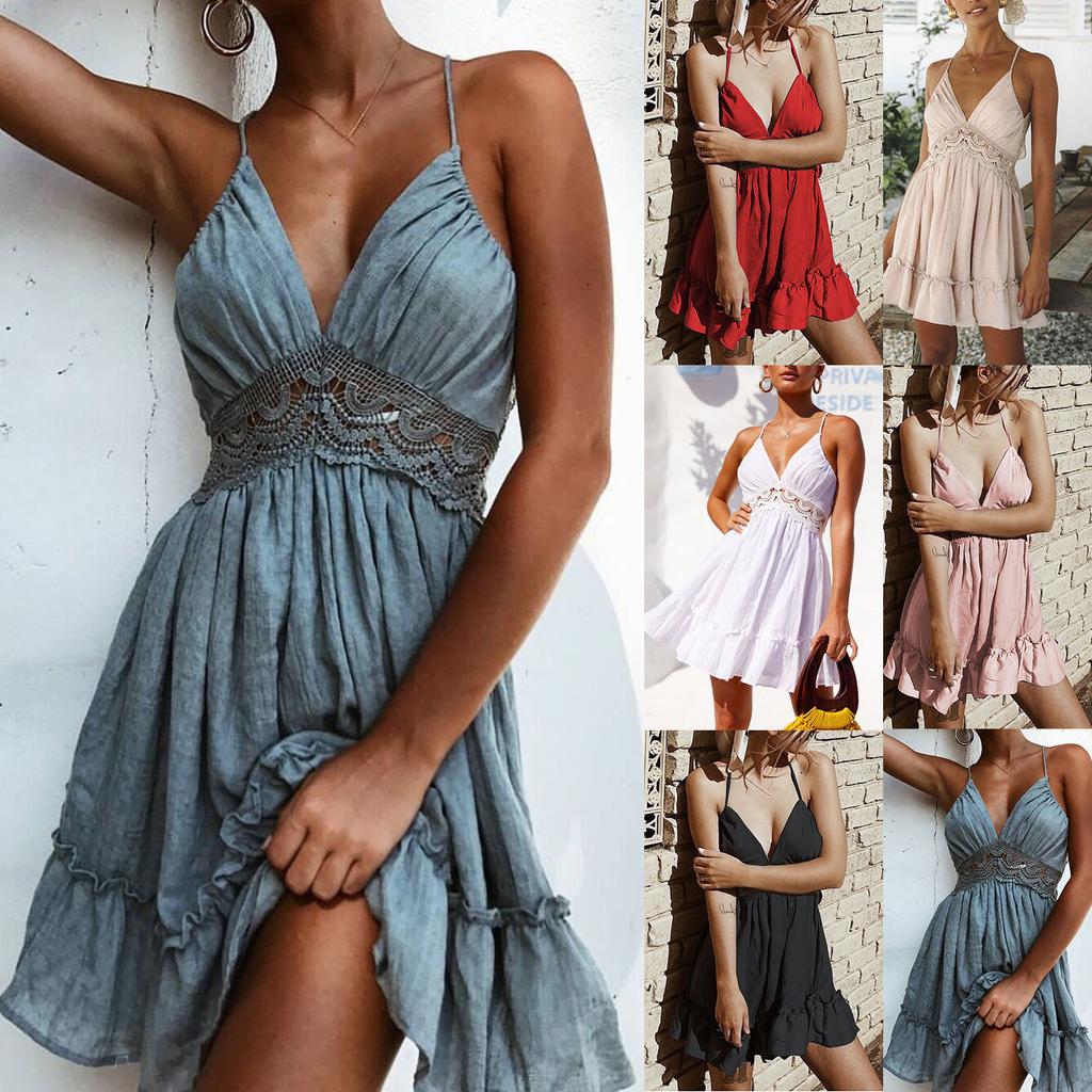 Women Casual Sexy Suspender Skirt Girly Style Waist Hollow Lace Dress