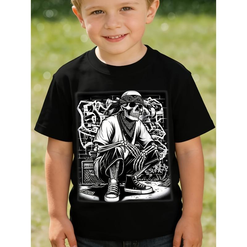 Boys Crewneck Short Sleeve Tee, Cool Chicano Mexican Gangster Skeleton Print Comfort Casual Top