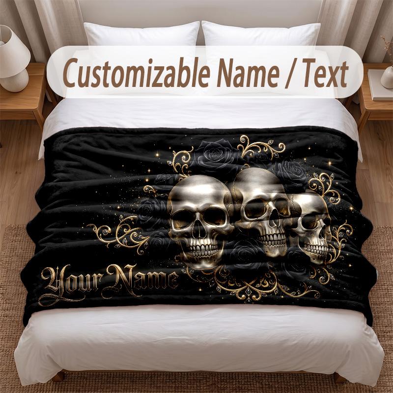 Skull Gothic Theme Soft Blanket Personalized Custom Name Text Print Warm Blanket Home Sofa Bedroom Decor